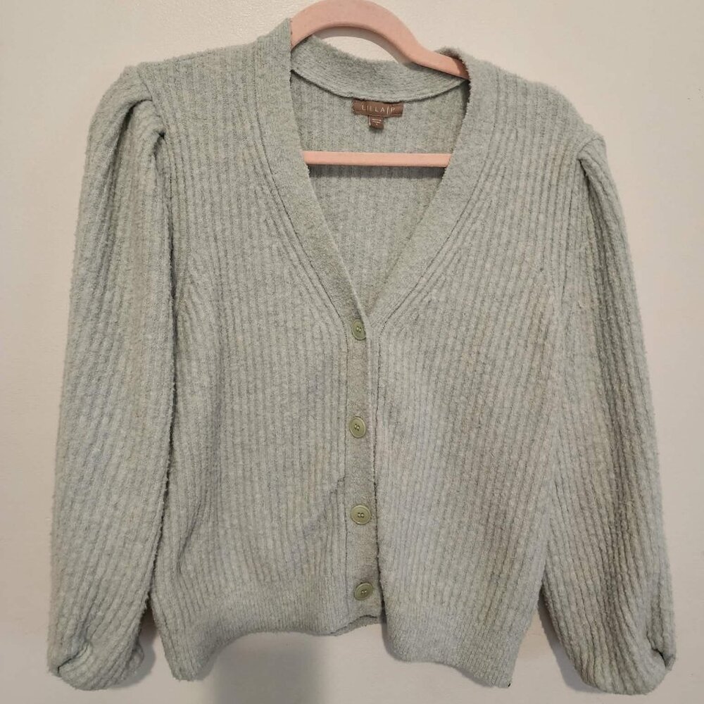 Lilla P Light Blue Puff Sleeve Cardigan Sweater Size Large Soft Feminine
